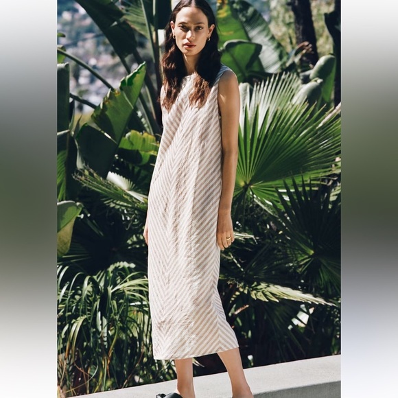 Everlane The Linen Bias Cut Dress Size 8 Striped Bone Caramel Ivory Beige Midi - Picture 4 of 9